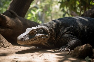 Komodo dragon resting in the shad