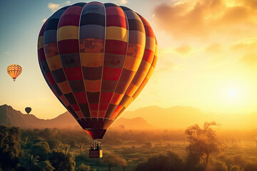 Obraz premium Colorful hot air balloons flying above high mountain at sunrise with beautiful sky background