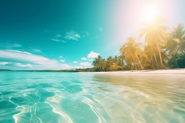 Fototapeta na wymiar Sunny tropical beach with palm leaves and paradise island. Summer sandy beach with blur ocean on background. Summer vacation beach. Summer vacation and holiday business travel concept. 