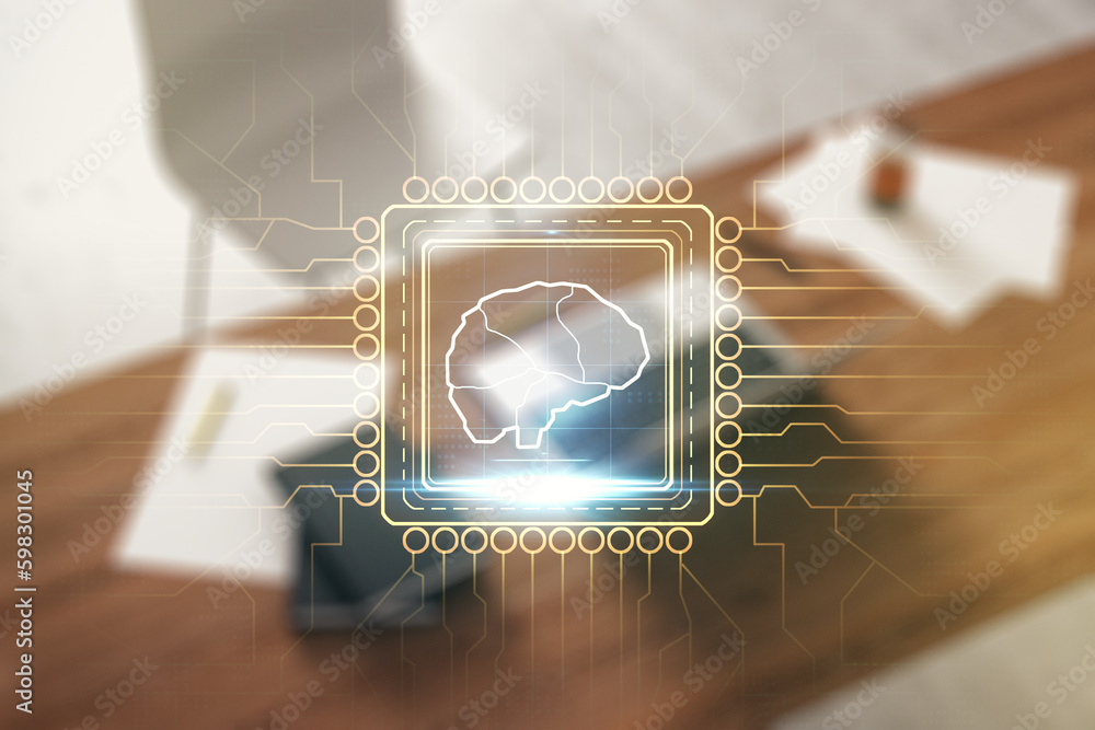 Poster double exposure of creative human brain microcircuit and modern desk with computer on background. fu