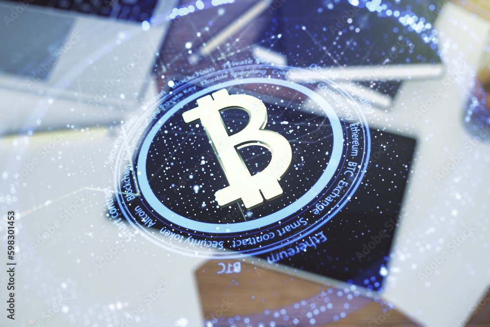 Poster Double exposure of creative Bitcoin symbol hologram and modern digital tablet on background. Mining and blockchain concept