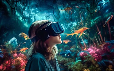 Child in Virtual Reality Glasses Transports to a Fantasy Alien Landscape with Exotic Flora and Fauna. Generative ai