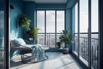  Cute modern balcony, minimalistic design interior style. Blue light colors. Super photo realistic background, generative ai