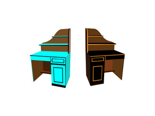 Computer and reading table  bookshelfs, work desk, chair, fashion table  ,  vector white background. Laptop with  work desk, on  with and  table style vector illustration.