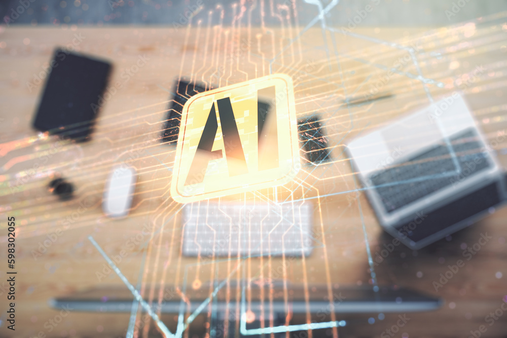 Poster double exposure of creative artificial intelligence icon with modern laptop on background. neural ne