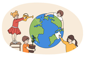 Children help save earth clean and water planet. Kids volunteers and activists saving world from industrial catastrophe. Environment and ecology protection. Flat vector illustration. Generative AI