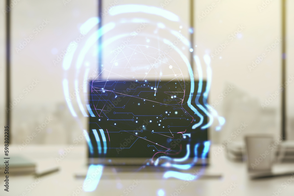 Poster Creative artificial Intelligence concept with human head sketch on modern computer background. Double exposure