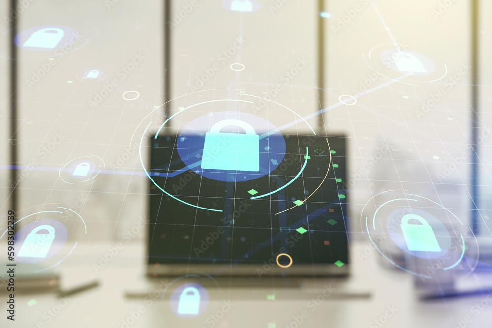Poster double exposure of creative lock hologram with chip on laptop background. information security conce