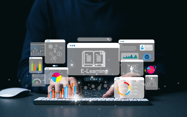 Businessman using a computer to webinar online, education on internet, Online Courses e-learning...