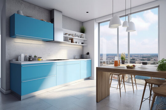 Modern kitchen with balcony, clean minimalistic interior design, light blue and white colors. Super photo realistic background, generative ai illustration.