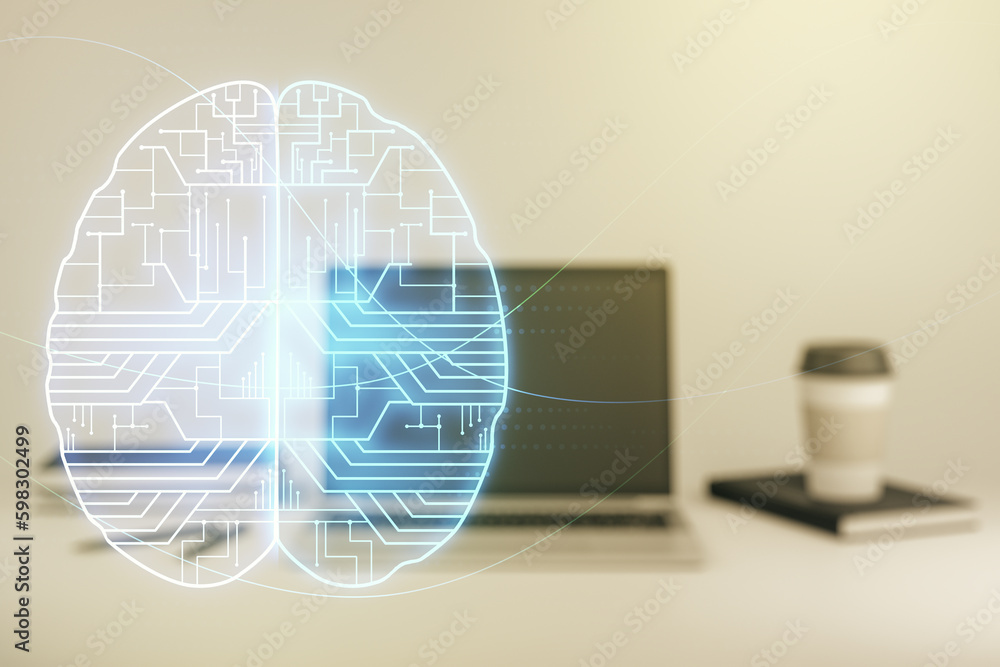 Aufkleber double exposure of creative human brain microcircuit with computer on background. future technology 