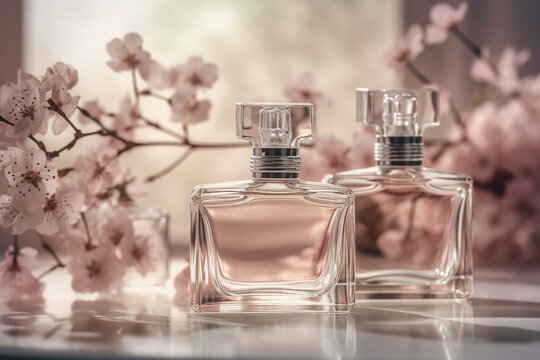 Fresh spring romantic image stylish transparent glass perfume bottles with Generative AI technology