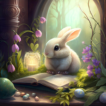 The easter bunny is reading a book