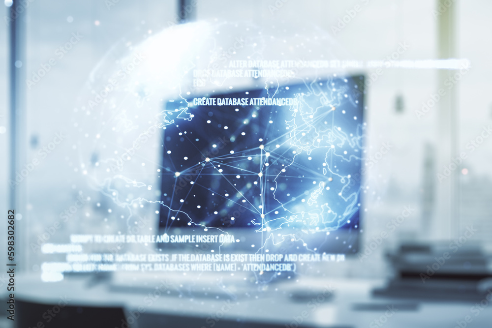 Poster double exposure of abstract programming language with world map on laptop background, research and d