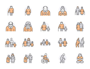 Elder people care flat line icons set. Senior couple, nursing home, happy old man exercising, patient support vector illustrations. Outline signs older citizens. Orange color. Editable Stroke