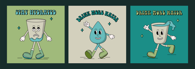 Set of drink more water posters. Posters with groovy characters	