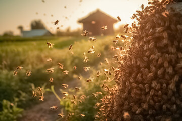 Swarm of bees in flight. Bee hive - bee breeding. Honey bees swarming and flying around. The concept of beekeeping and keeping bees.  - obrazy, fototapety, plakaty