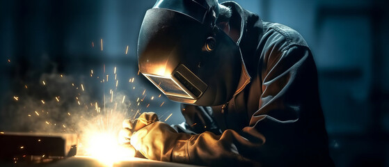 A skilled welder in a manufacturing factory wearing a protective mask and helmet, working with metal equipment and tools. Precision and expertise. Sparks and smoke in industrial setting. Generative Ai