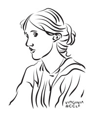 Virginia Woolf pencil sketch illustration. British novelist, essayist, publisher, critic. Poster, Wall Decoration, Postcard, Social Media Banner, Brochure Cover Design Background. Vector Pattern.