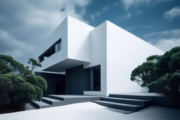 Minimalism style architecture, white private residential building exterior. Generative AI