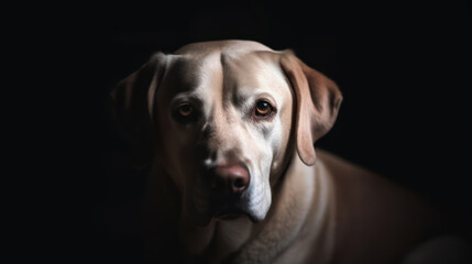 A heartbroken golden retriever mourns the loss of his best friend, a portrait capturing the sadness of a pet's grief, isolated on a black backdrop. Generative Ai