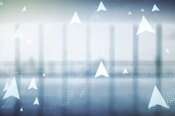 Abstract virtual geolocations map hologram on empty corporate office background. GPS tracking and navigation concept. Multiexposure