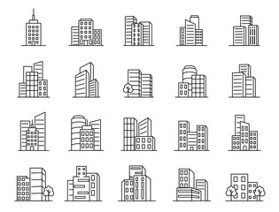 City buildings icons, black and white office and apartment. Bank in skyscraper, residential construction, hotel and development. Urban panorama. Vector recent line illustration