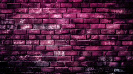Viva Magenta toned colour grunge decorative brick wall background. Art rough stylized texture banner trendy color 2023. Grunge Viva Magenta color texture