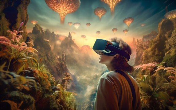 Child in Virtual Reality Glasses Transports to a Fantasy Alien Landscape with Exotic Flora and Fauna. Generative ai