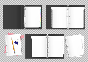 Fototapeta na wymiar 3D file folder. Open office notebook. Ring binder. Pages with holes. Paper divider. White corporate letter. Diary sheets. Pencil and clamp. Vector exact realistic stationery mockup set