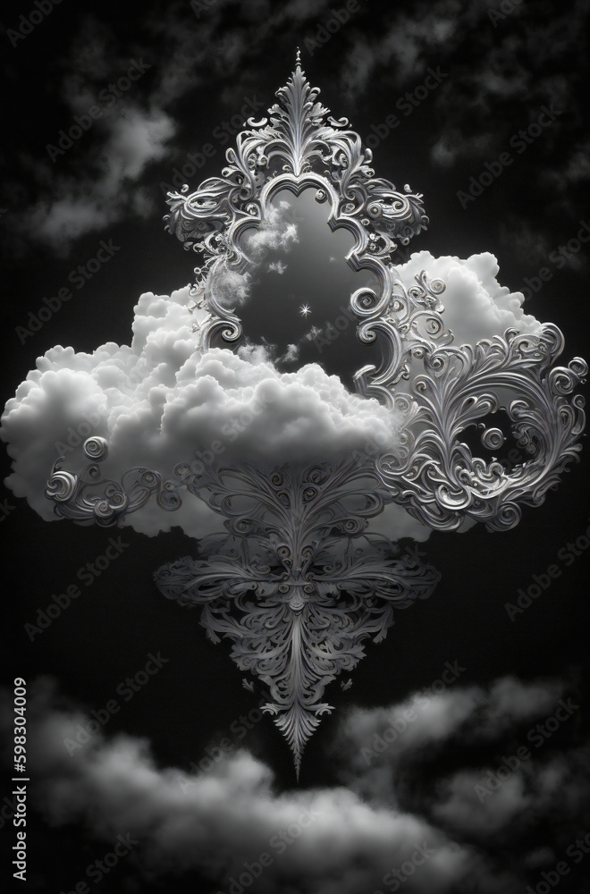 Poster magical fantasy object in the sky. filigree structure with clouds around. created with generative ai