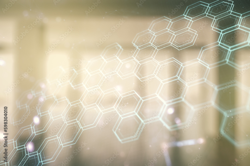 Poster abstract virtual wireless technology hologram with hexagon on empty modern office background. big da