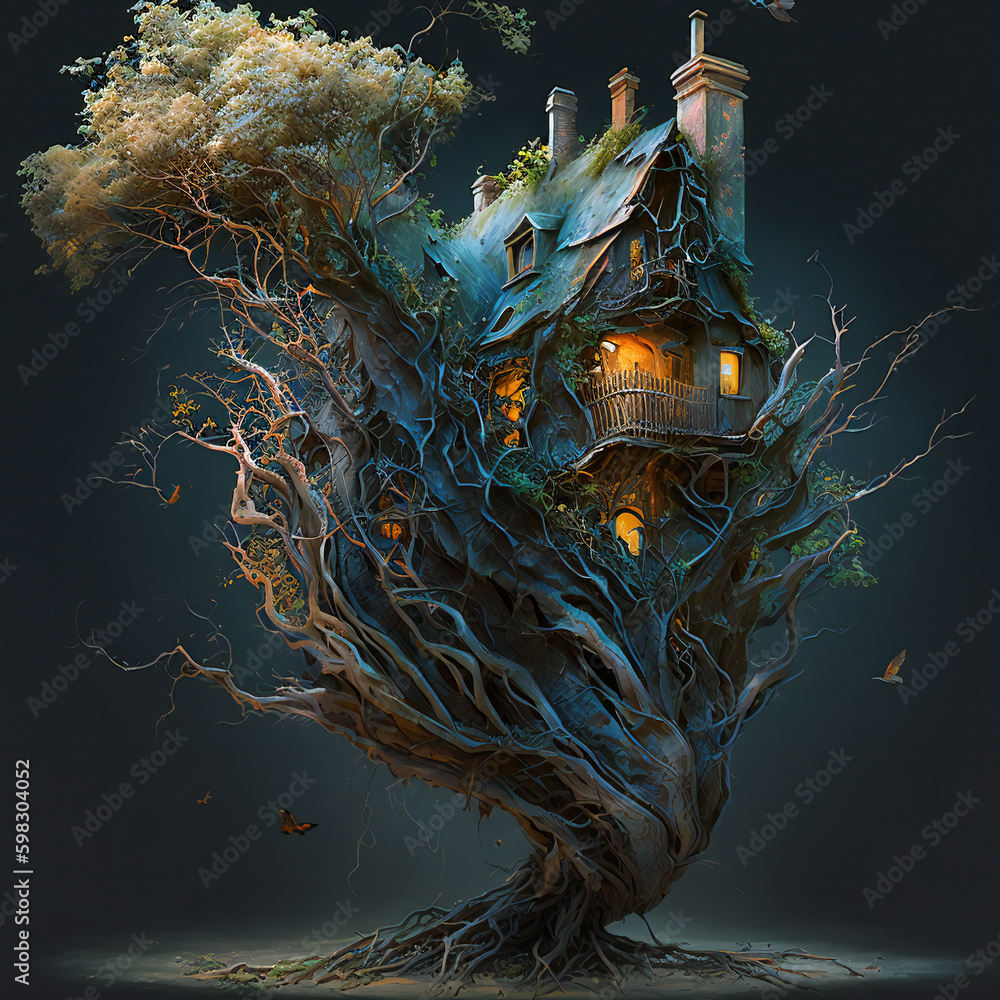 Poster surreal, bizarre house in a tree. fictional digital illustration. created with generative ai technol