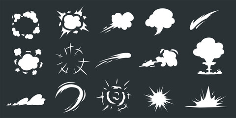 Comic speed effect, cartoon explosion. Flash boom and lighting smoke, motion energy in wind, puff clouds silhouette, smog or mist. Cartoon flat style elements. Vector recent isolated icons - obrazy, fototapety, plakaty