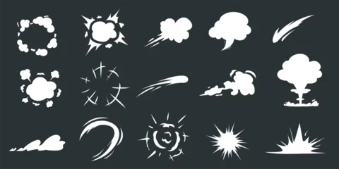Gordijnen Comic speed effect, cartoon explosion. Flash boom and lighting smoke, motion energy in wind, puff clouds silhouette, smog or mist. Cartoon flat style elements. Vector recent isolated icons © Natalia