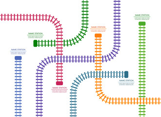 Train railway. Rail track infographic. Railroad or subway station map. Top view of tram road. Cargo transport. Locomotive way. Turns and crossroads. Vector utter colorful illustration