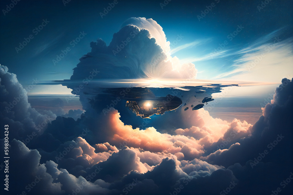 Poster giant alien space ship surrounded by clouds. created with generative ai technology.