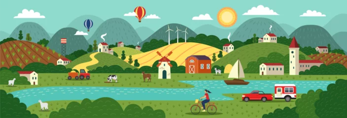 Gartenposter Village landscape. Countryside scenery. Mountains and agricultural fields. City town. Tree and farm house in clouds. Minimal green hill meadows. Vector tidy flat summer urban panorama © Natalia