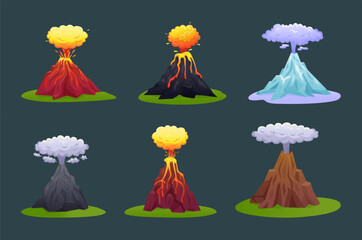 Volcano eruption. Volcanic lava. Erupting ash and magma. Active explosion with smoke and clouds in mountain. Natural disaster. Landscape elements set. Vector tidy cartoon illustration