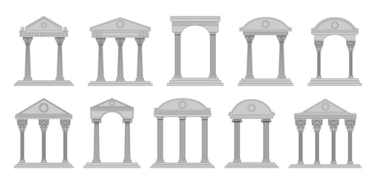 Greek and roman temples. Ancient pillars, line architecture buildings, pediment with Doric columns, building facade with carved stone white colonnade decoration. Vector tidy illustration set