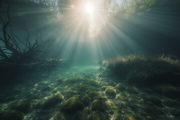 Fototapeta na wymiar Underwater landscape with sun rays shining through, in a river or sea. Generative AI