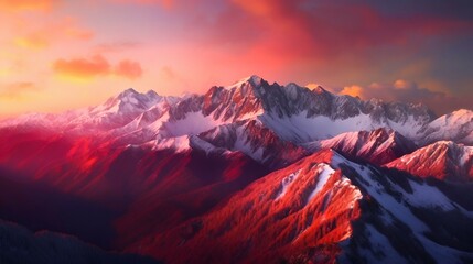 Naklejka na ściany i meble Panoramic View of Majestic Mountain Range at Sunset, Warm Hues Reflecting off Snow-Capped Peaks. Generative ai