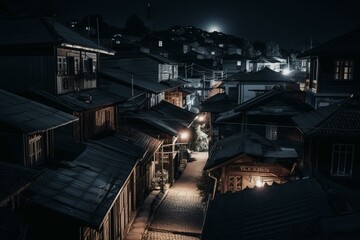 Traditional town in the dark. Generative AI