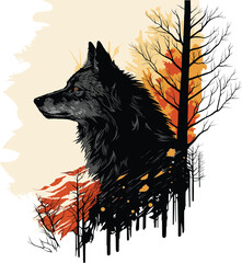 Black wolf in the red forest. Portrait - 598304693