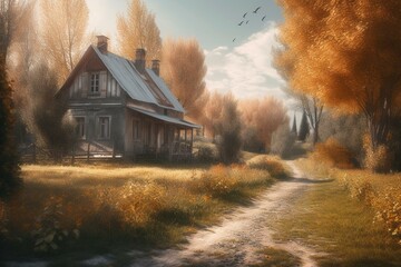Vibrant rural scenery with lovely cottage drawing. Generative AI