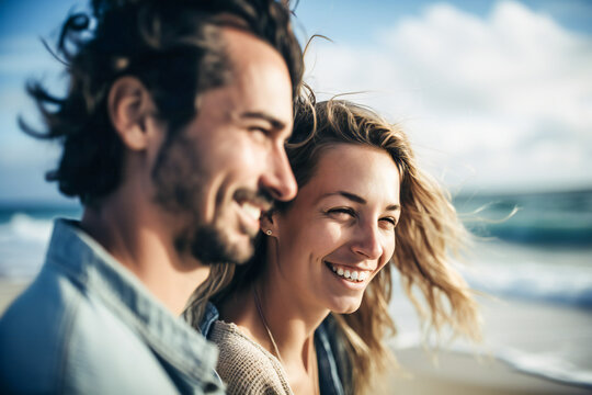 Smiling young couple on the beach in a windy day. Created with Generative AI technology.