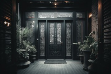 Modern home's dark ebony doorway. Generative AI