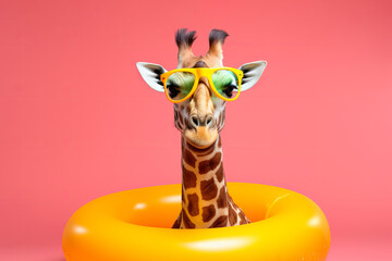 Naklejki  A giraffe ready for a summer vacation with sunglasses and an inflatable rubber ring. Generative ai Generative AI