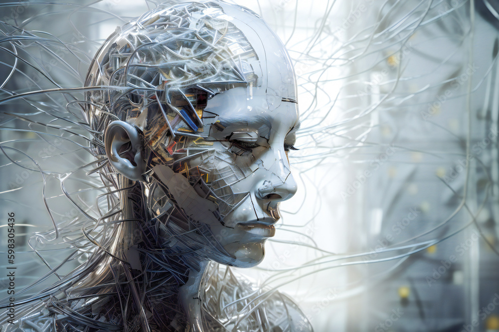 Poster illustration of a beautiful female android head. robotic and artificial intelligence concept. create