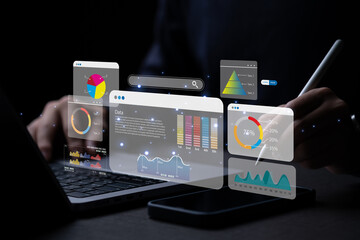 Key Performance Indicator (KPI) using Business Intelligence (BI) metrics to measure achievement versus planned target, person touching screen icon, success.